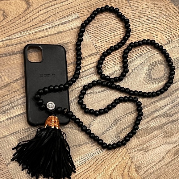 {35 Coins} Black Beaded iPhone 11 & XR Sash | Leather Free People Necklace Case - Picture 9 of 16